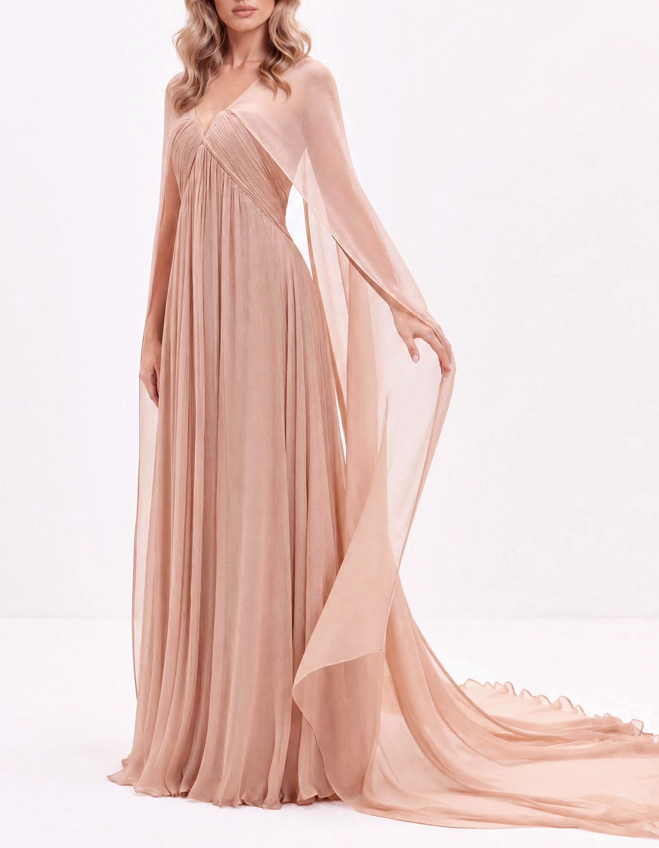 Nude Blush V-Neck Pleated Chiffon Cape Train Maxi Evening Dress