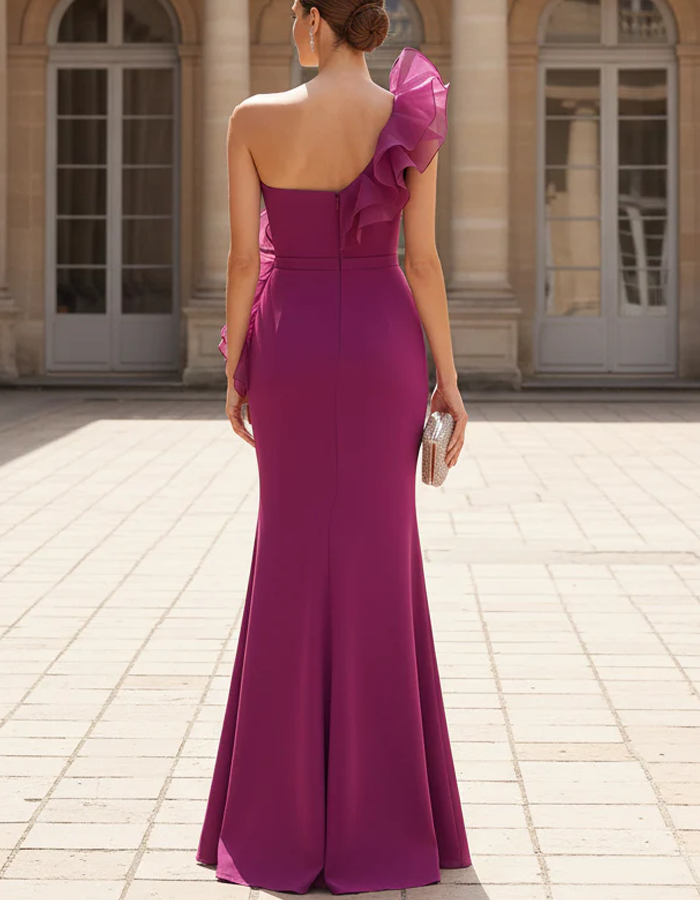 One-shoulder Organza Ruffled Fishtail Maxi Dress