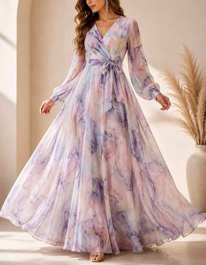 Lavender Floral Print Chiffon V-Neck Maxi Dress