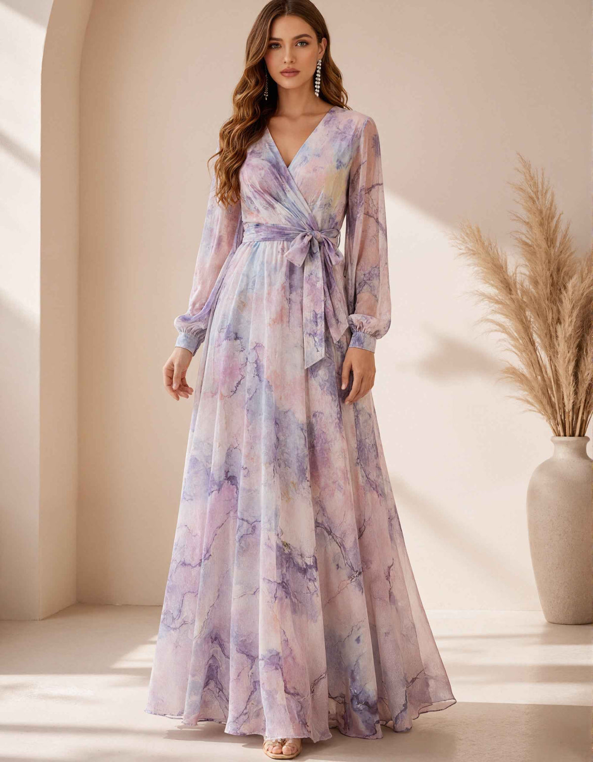 Lavender Floral Print Chiffon V-Neck Maxi Dress