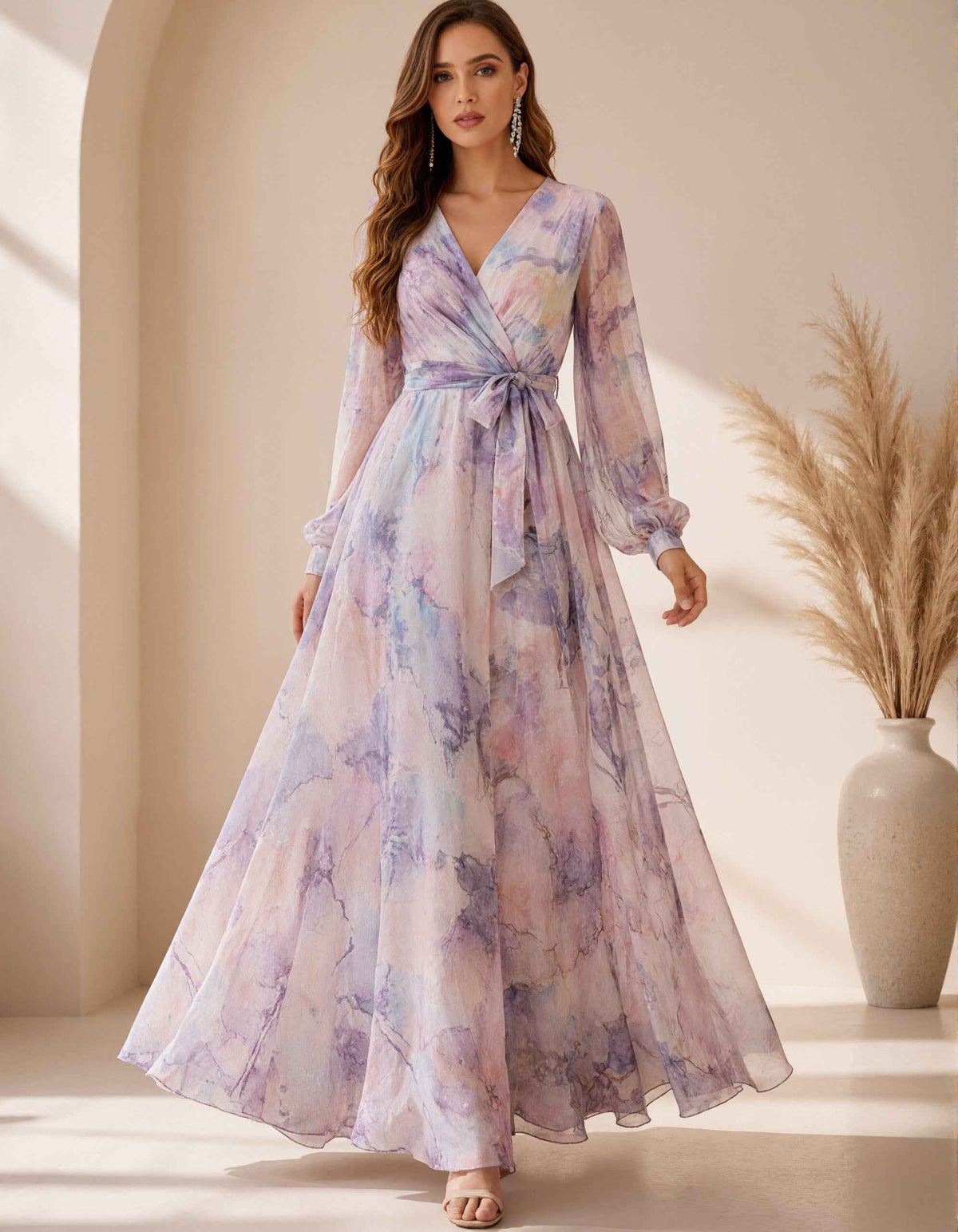 Lavender Floral Print Chiffon V-Neck Maxi Dress