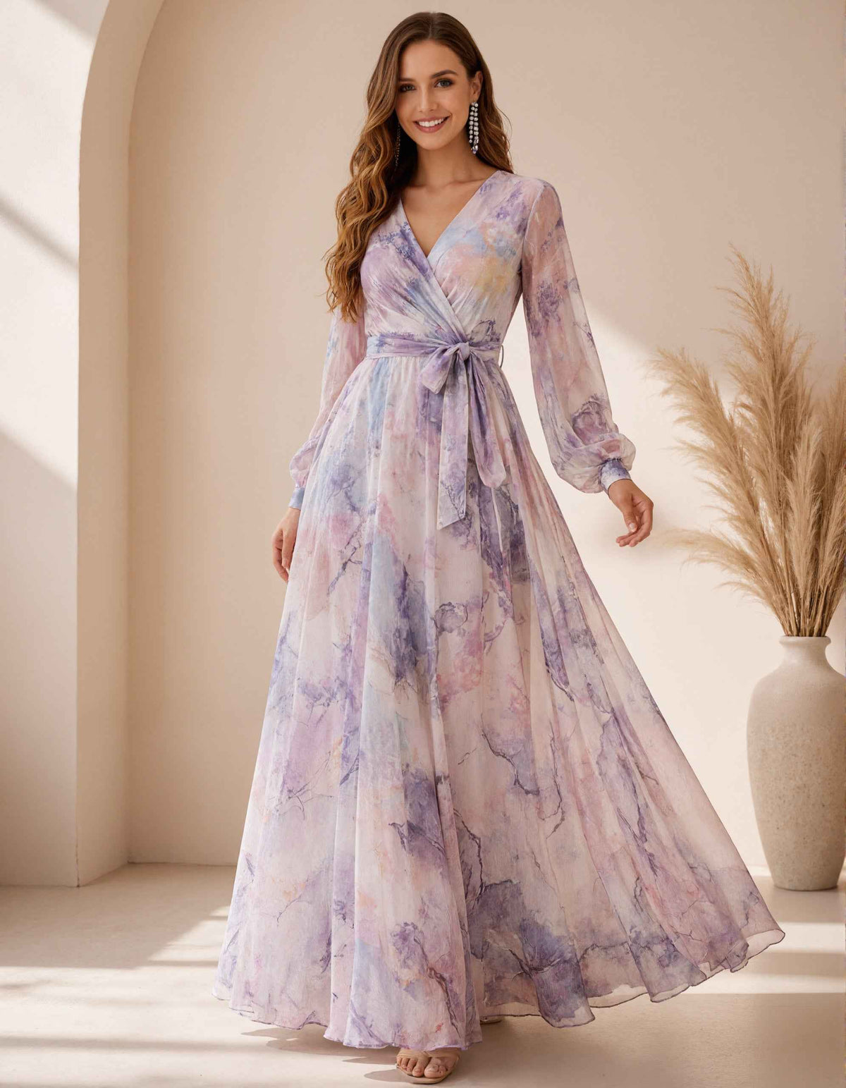 Lavender Floral Print Chiffon V-Neck Maxi Dress