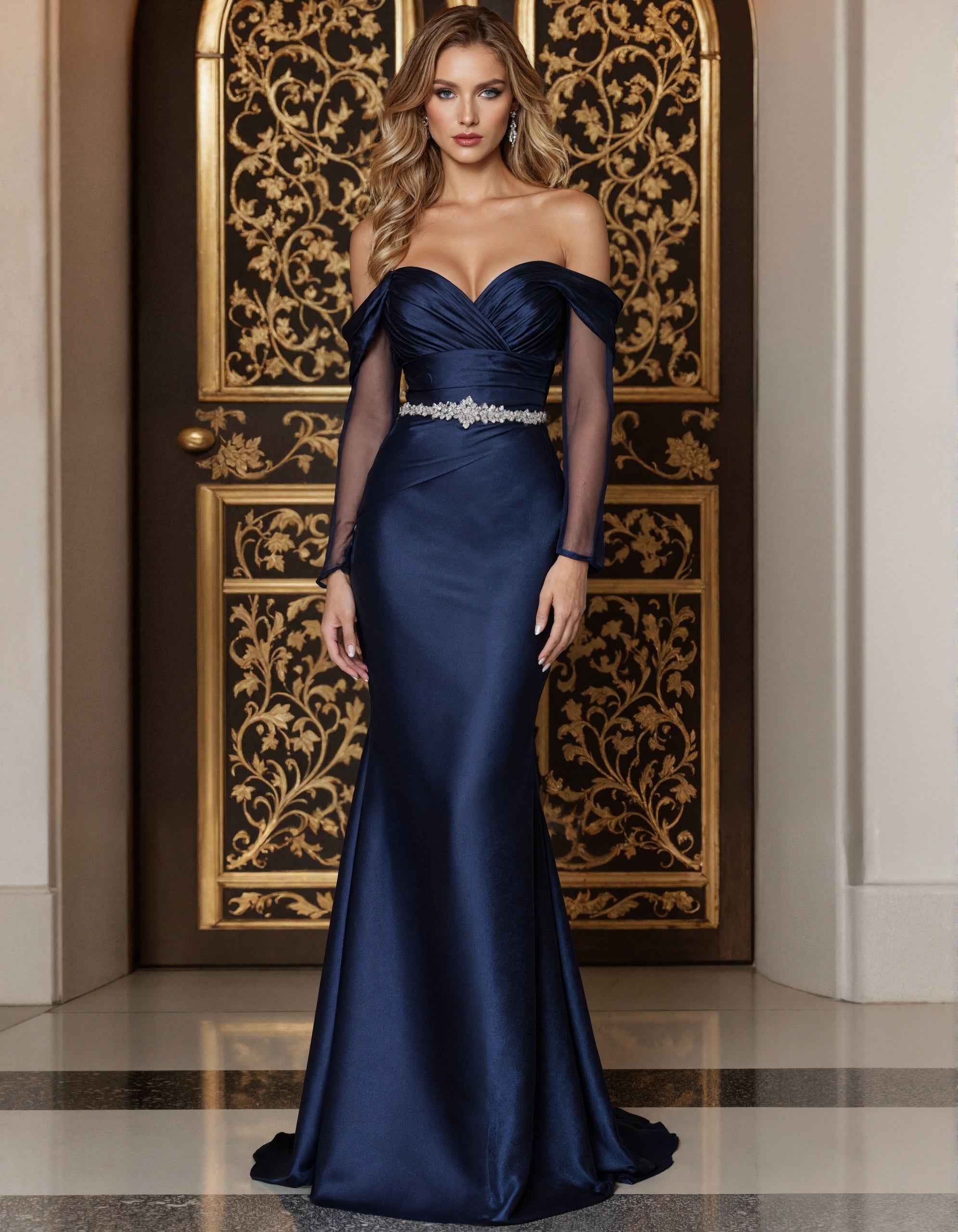 Dark Blue Satin Off Shoulder Cross Over Tulle Long Sleeves Maxi Dress