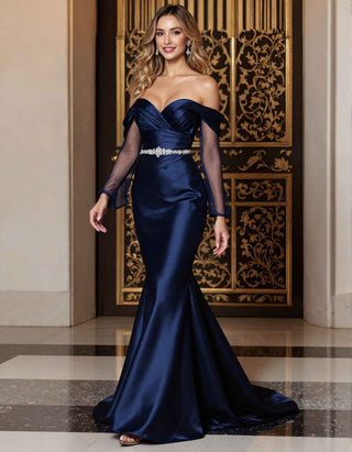 Dark Blue Satin Off Shoulder Cross Over Tulle Long Sleeves Maxi Dress