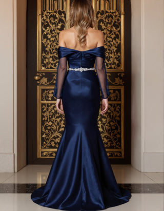 Dark Blue Satin Off Shoulder Cross Over Tulle Long Sleeves Maxi Dress
