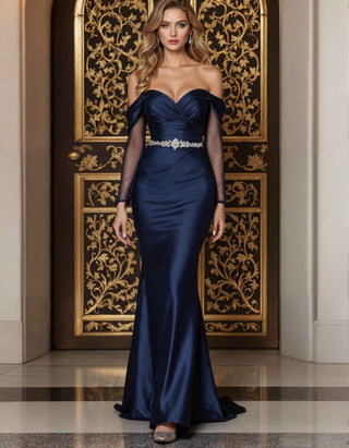 Dark Blue Satin Off Shoulder Cross Over Tulle Long Sleeves Maxi Dress
