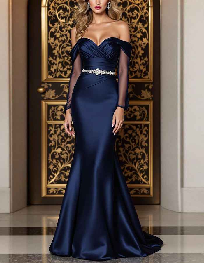 Dark Blue Satin Off Shoulder Cross Over Tulle Long Sleeves Maxi Dress