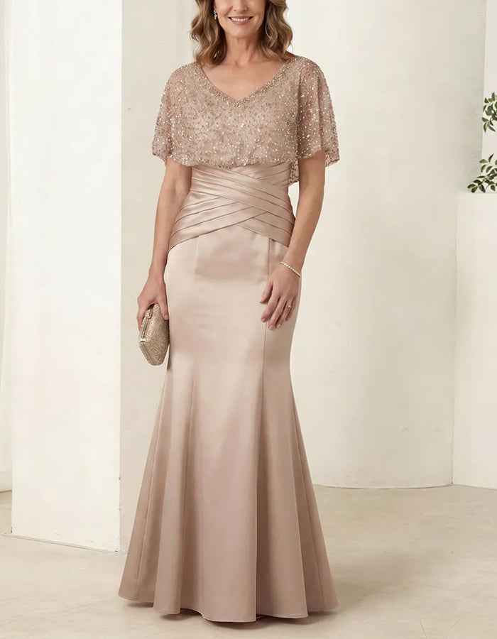 Champagne Colored Satin Sequined Tulle Maxi Dress