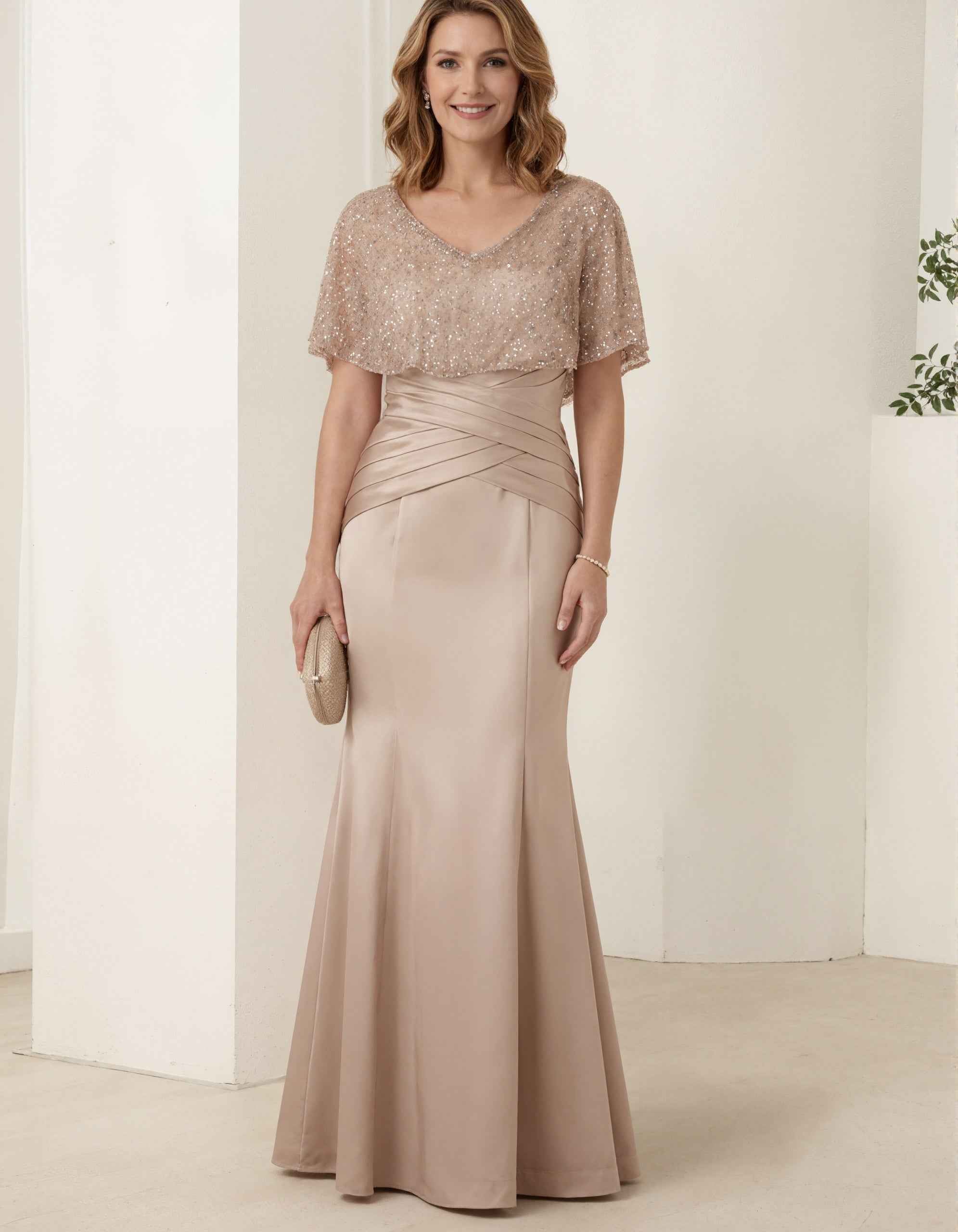 Champagne Colored Satin Sequined Tulle Maxi Dress