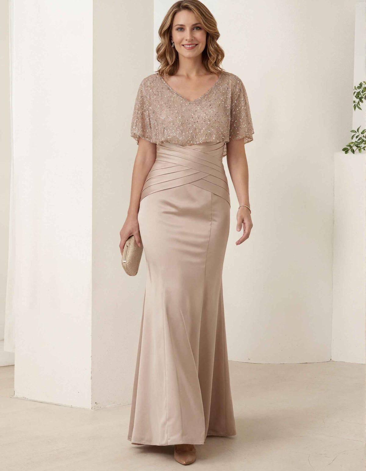 Champagne Colored Satin Sequined Tulle Maxi Dress