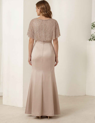 Champagne Colored Satin Sequined Tulle Maxi Dress