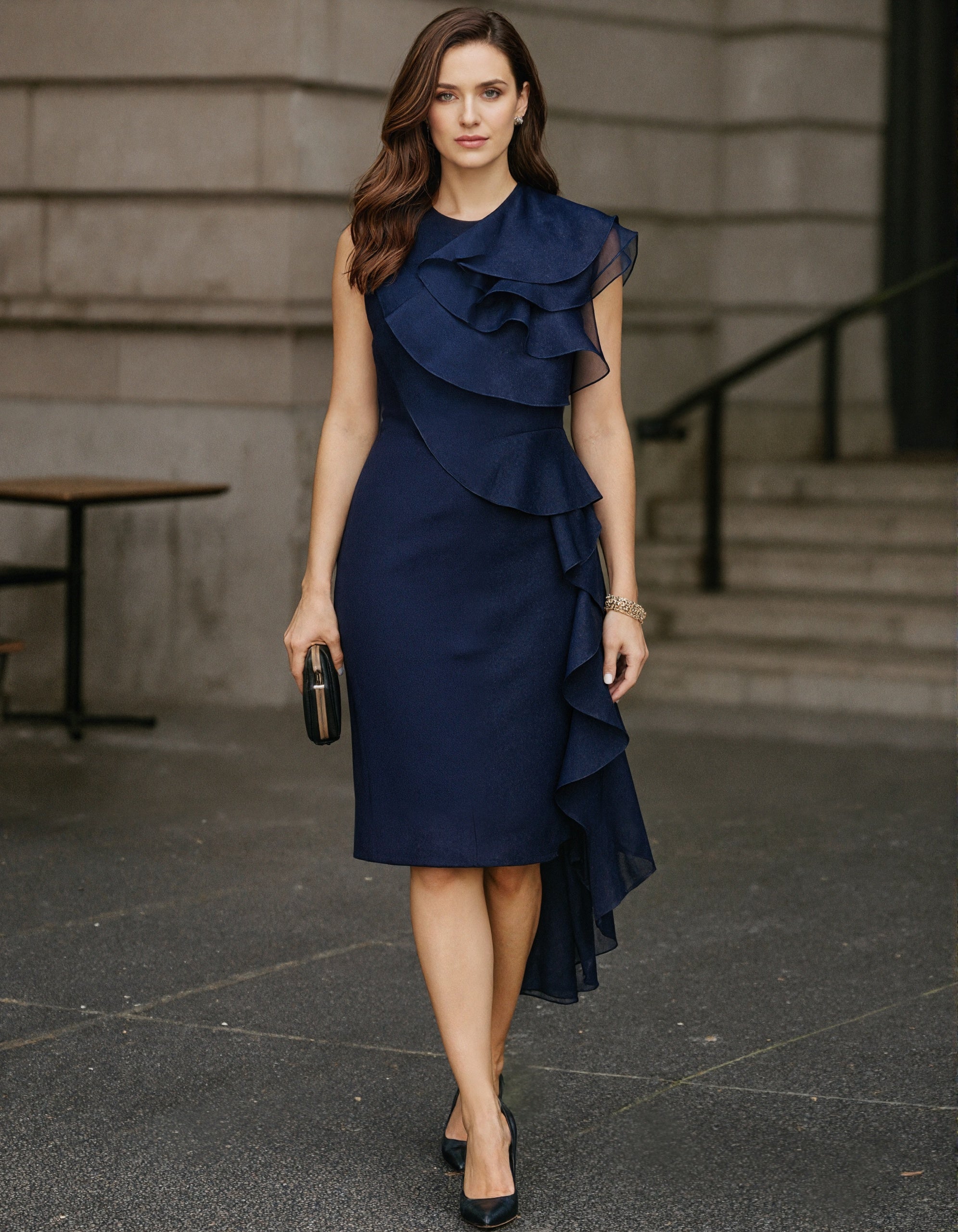 Robe midi bleu foncé asymétrique à volants superposés mélangés