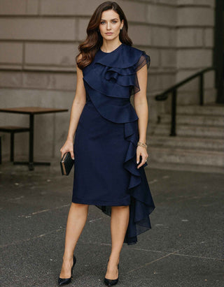 Dark Blue Mixed Asymmetrical Multi Layered Ruffles Midi Dress