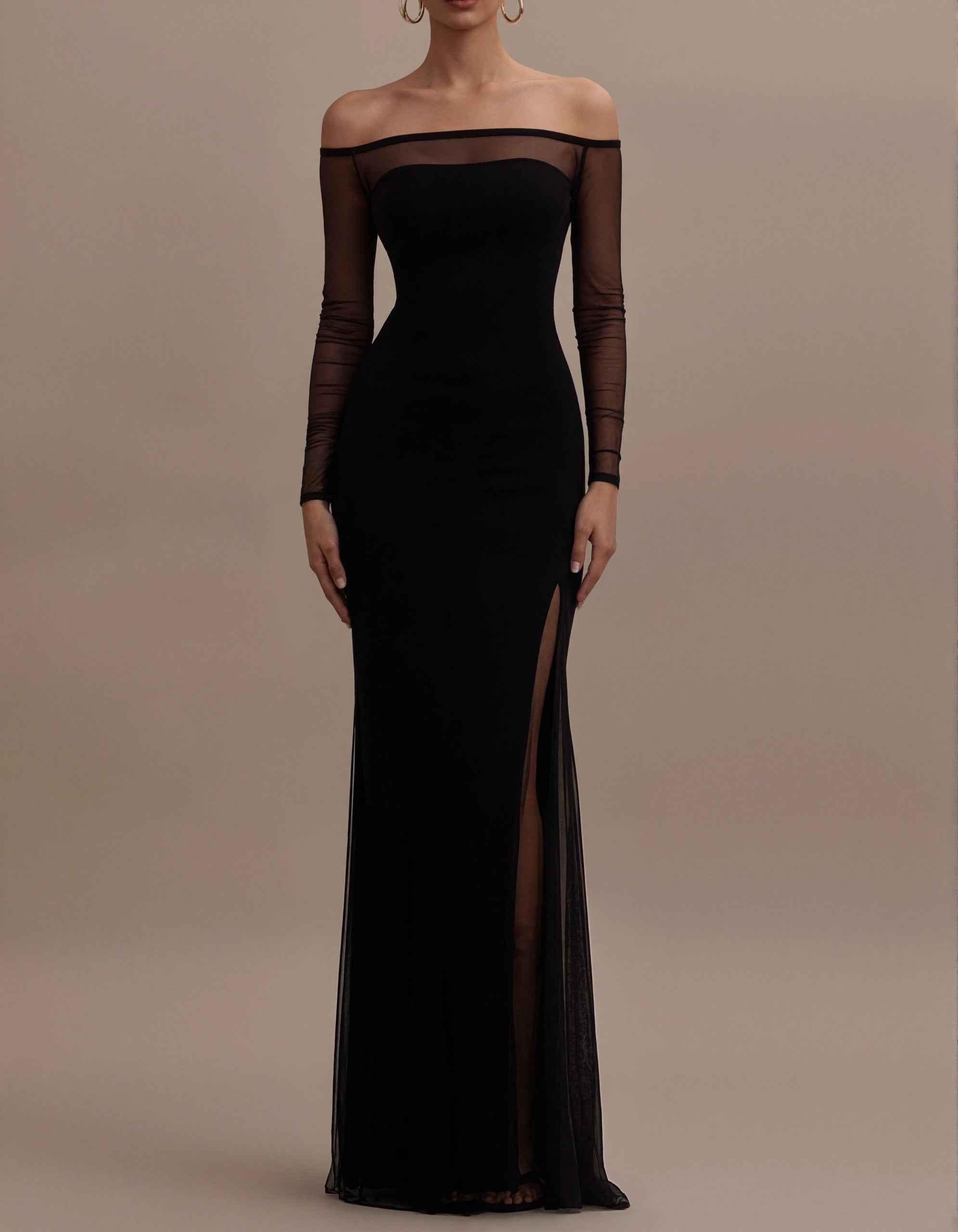 Black Tulle Off Shoulder Long Sleeves Maxi Dress