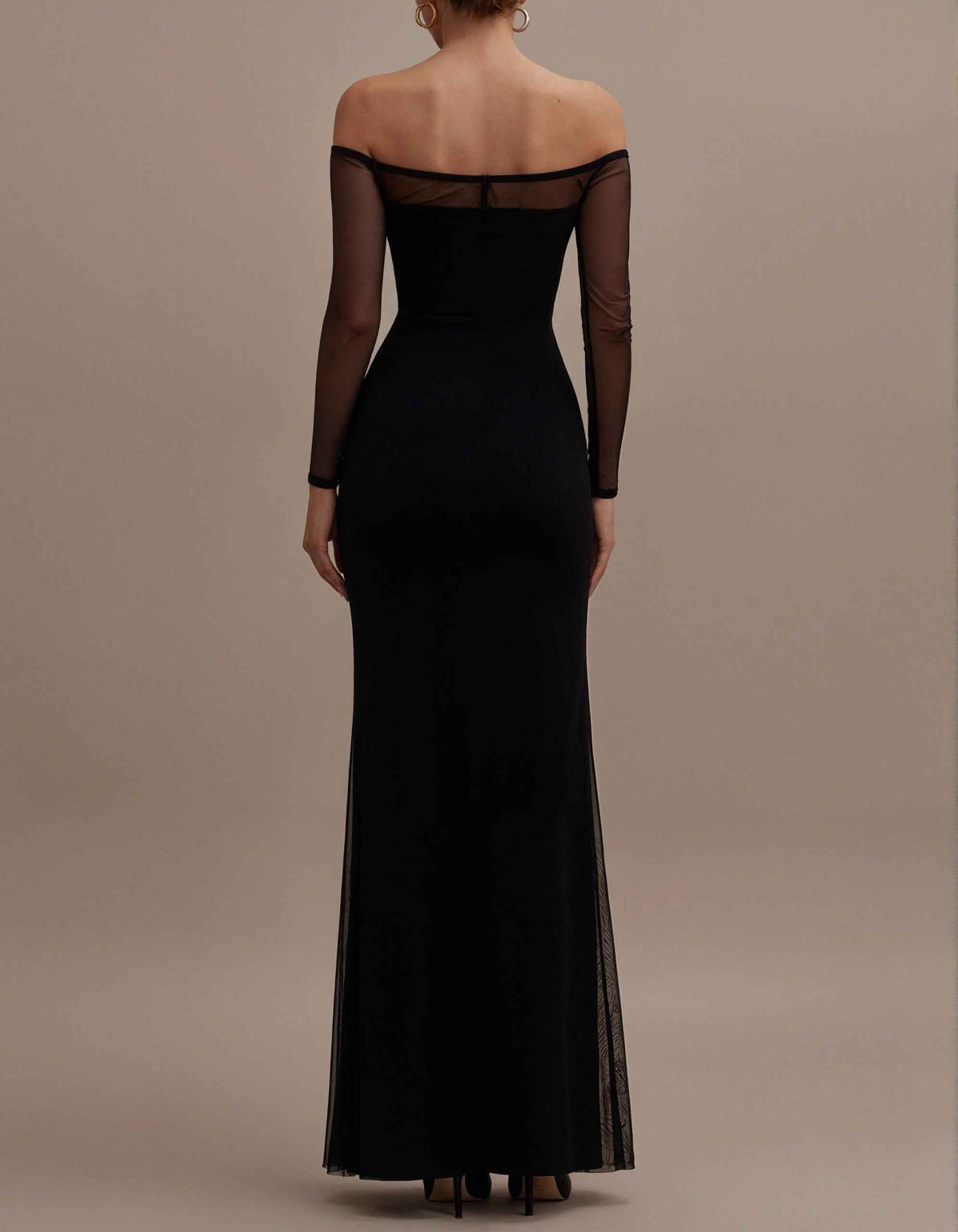 Black Tulle Off Shoulder Long Sleeves Maxi Dress