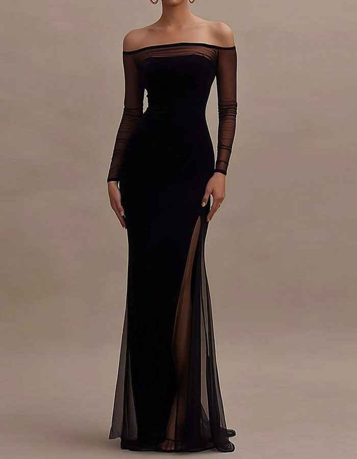 Black Tulle Off Shoulder Long Sleeves Maxi Dress