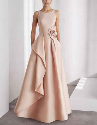Solid Color Satin Round Neck Sleeveless 3D Floral Maxi Dress