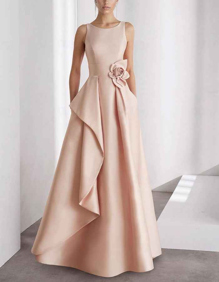 Solid Color Satin Round Neck Sleeveless 3D Floral Maxi Dress