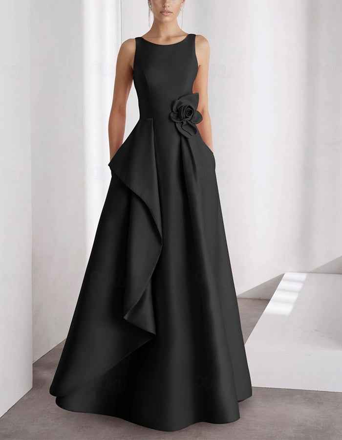 Solid Color Satin Round Neck Sleeveless 3D Floral Maxi Dress