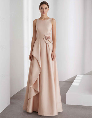 Solid Color Satin Round Neck Sleeveless 3D Floral Maxi Dress