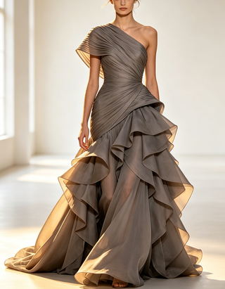 Asymmetrical One-shoulder Pleats Maxi Dress