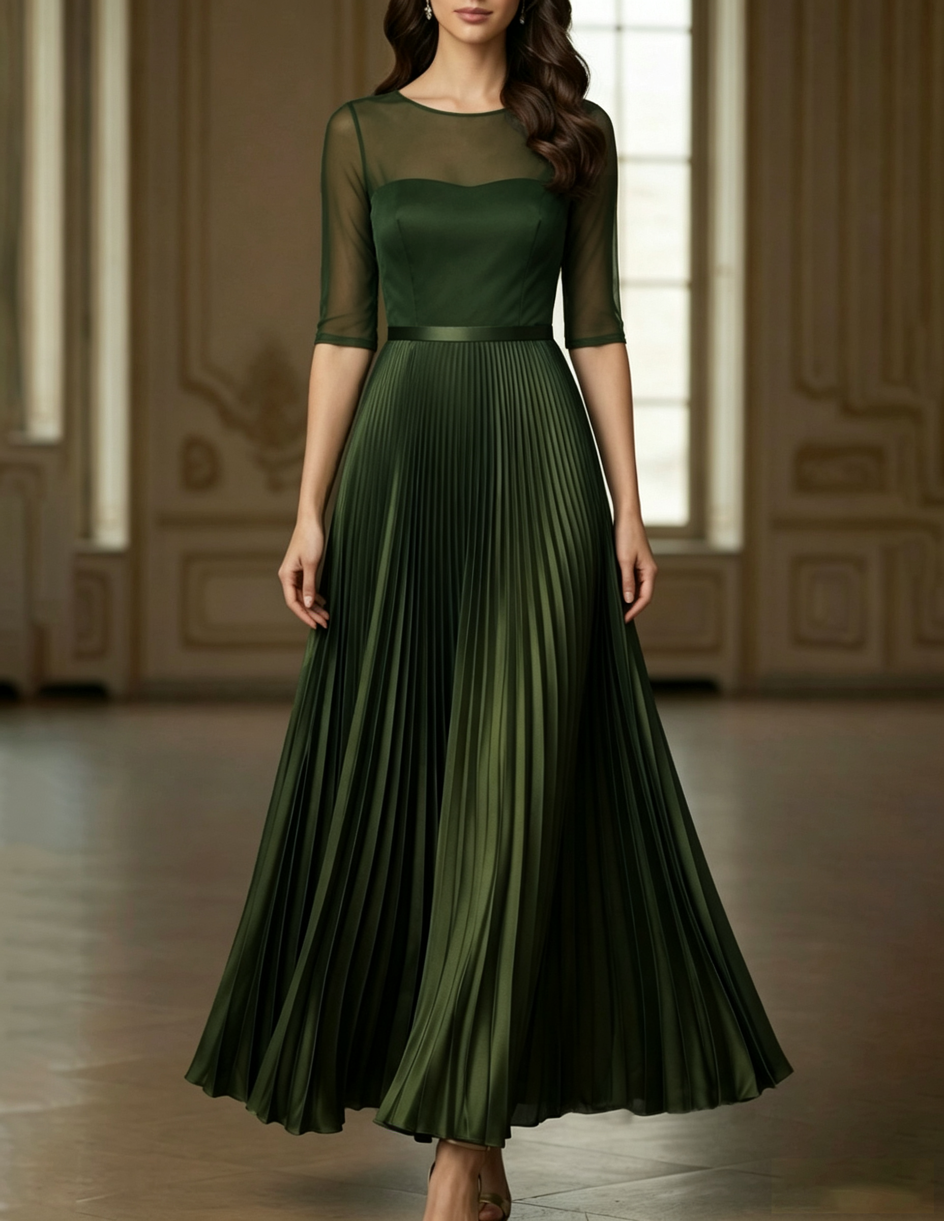 Vestido largo satinado en línea A con cuello redondo, malla, mangas tres cuartos y plisados