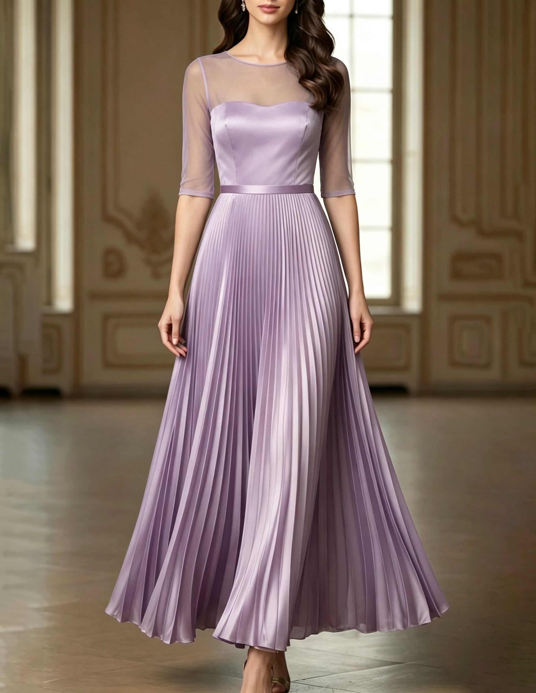 Vestido largo satinado en línea A con cuello redondo, malla, mangas tres cuartos y plisados