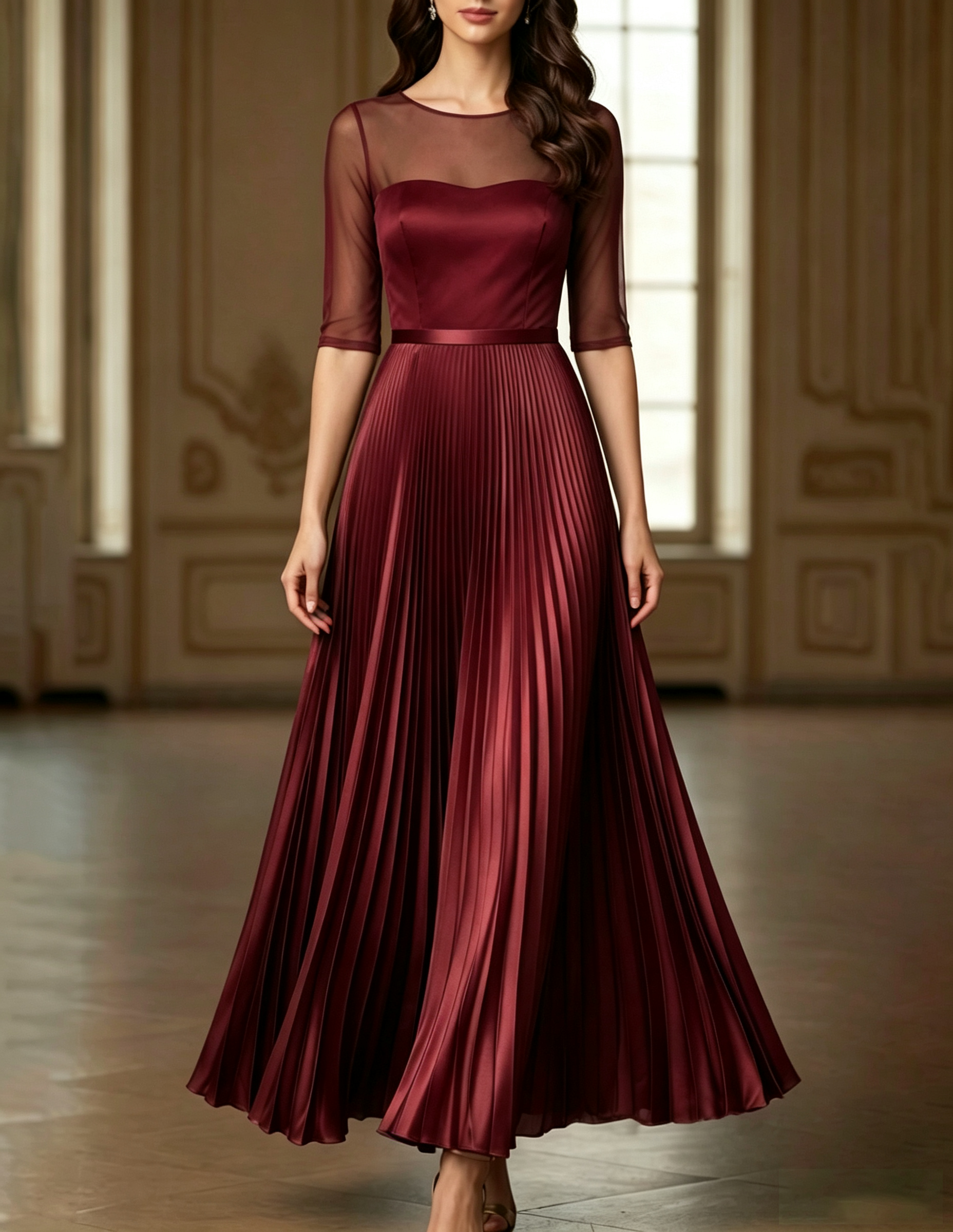 Vestido largo satinado en línea A con cuello redondo, malla, mangas tres cuartos y plisados