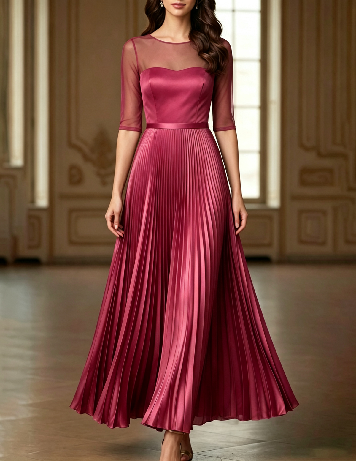 Vestido largo satinado en línea A con cuello redondo, malla, mangas tres cuartos y plisados