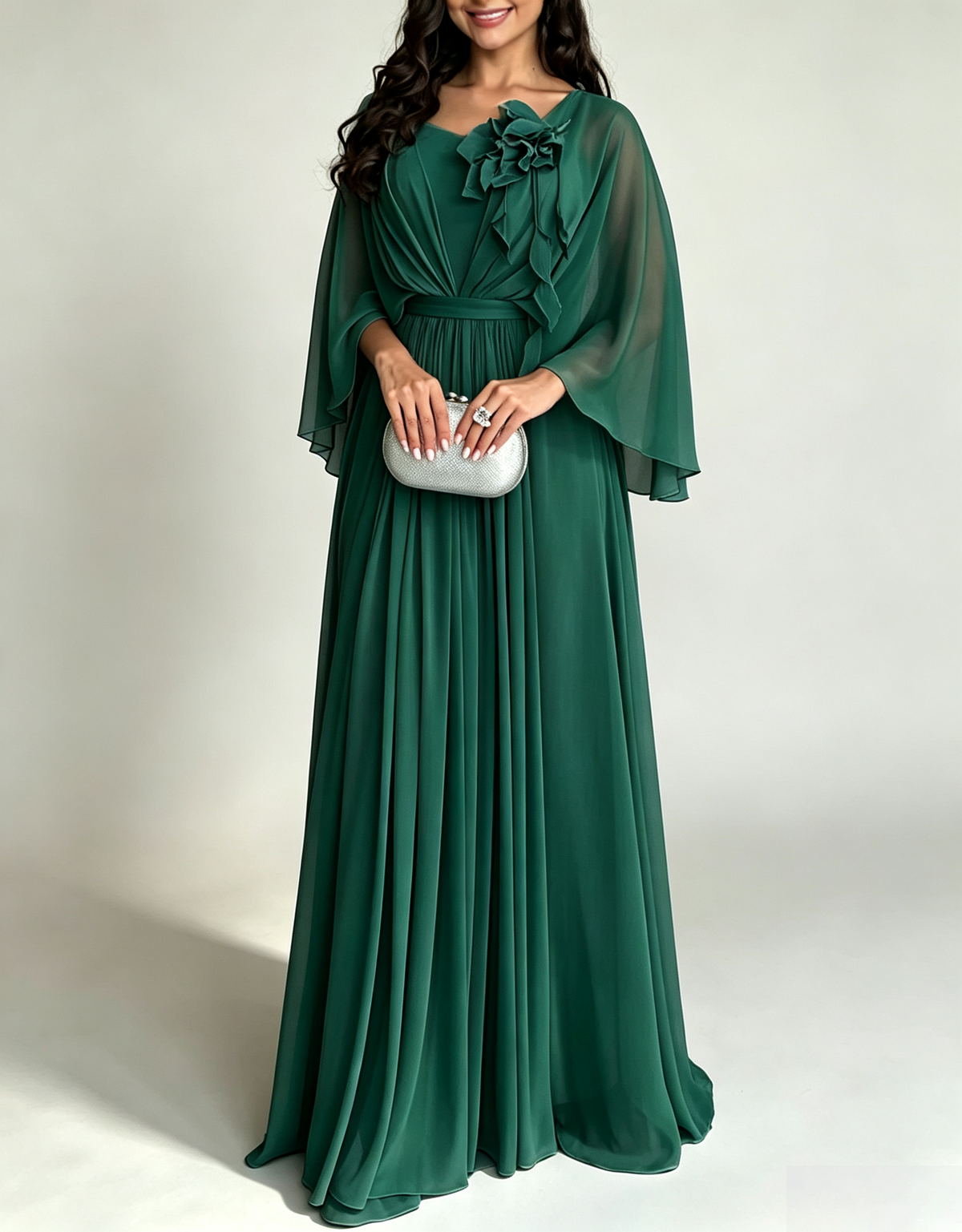 Vestido maxi línea A de gasa con flores 3D, manga capa y escote en V