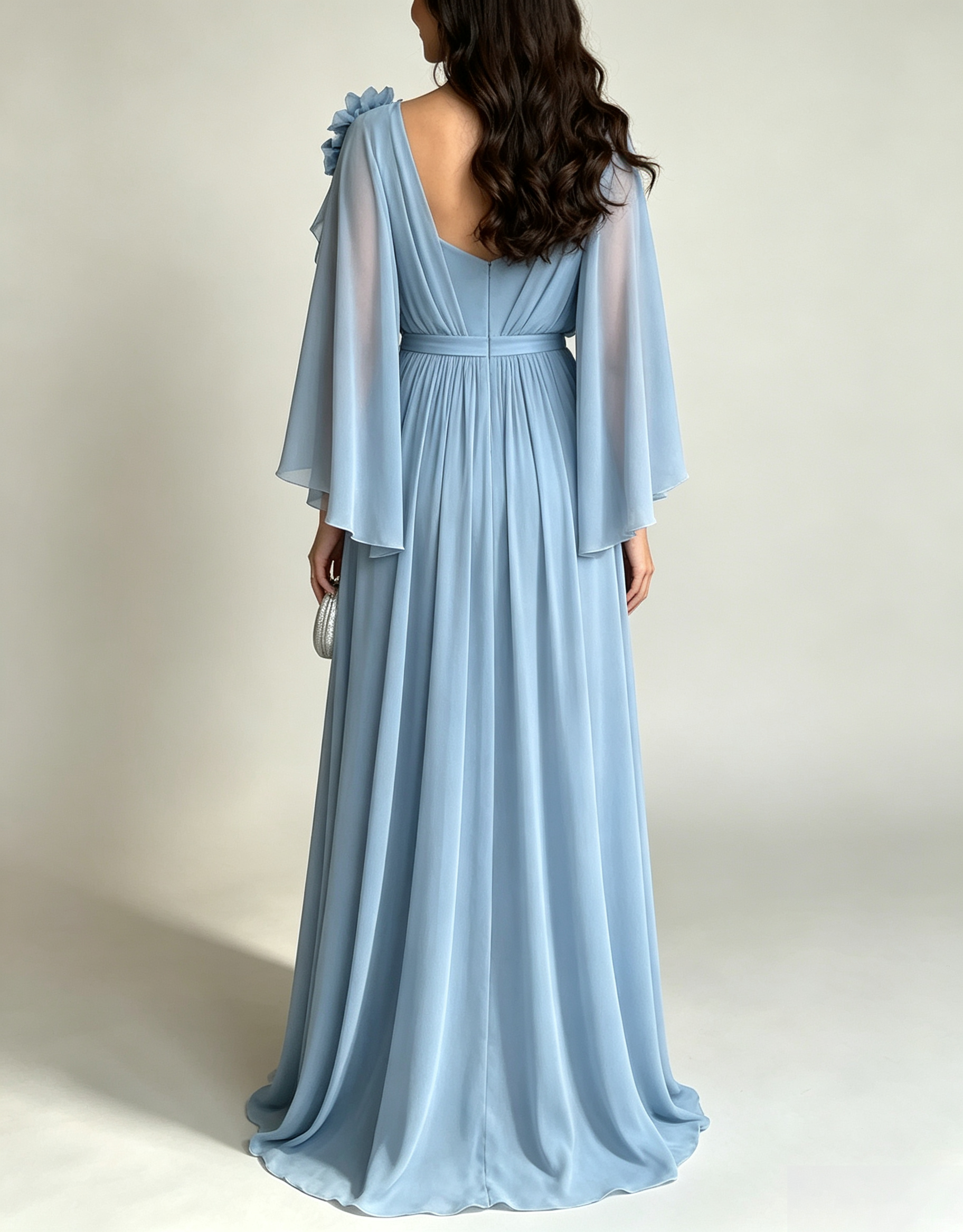 Maxi-jurk met V-hals, cape-mouwen en 3D bloemen van chiffon in A-lijn