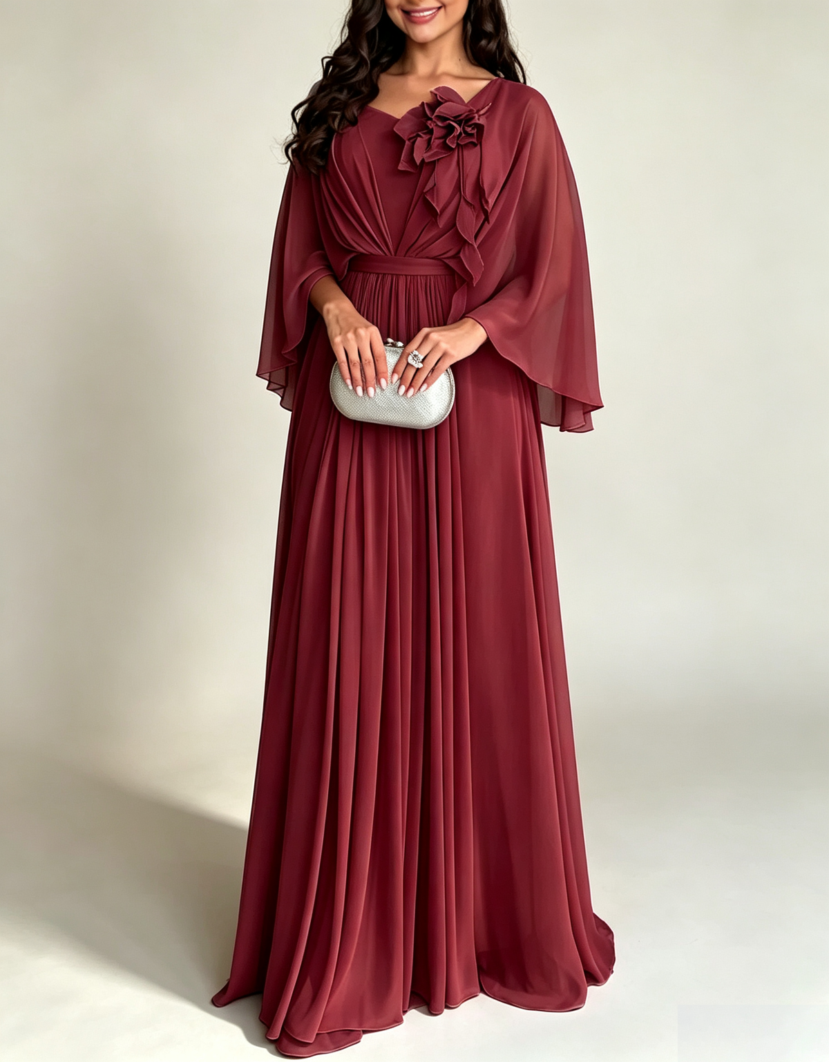 Vestido maxi línea A de gasa con flores 3D, manga capa y escote en V