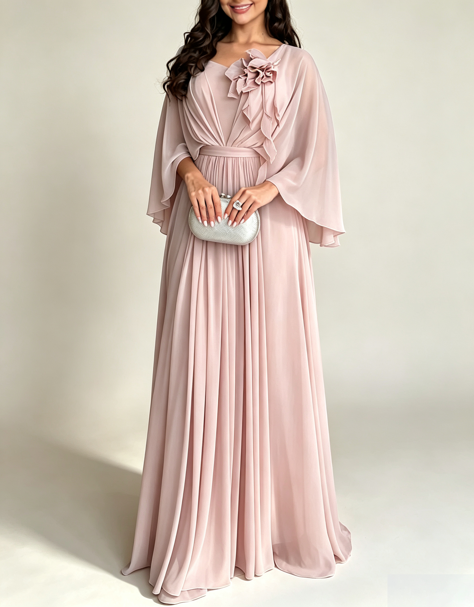 Vestido maxi línea A de gasa con flores 3D, manga capa y escote en V