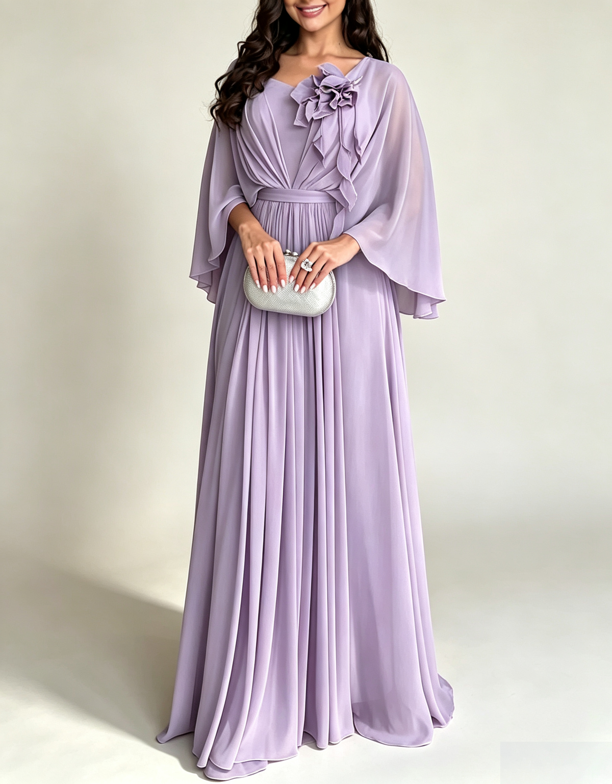Vestido maxi línea A de gasa con flores 3D, manga capa y escote en V