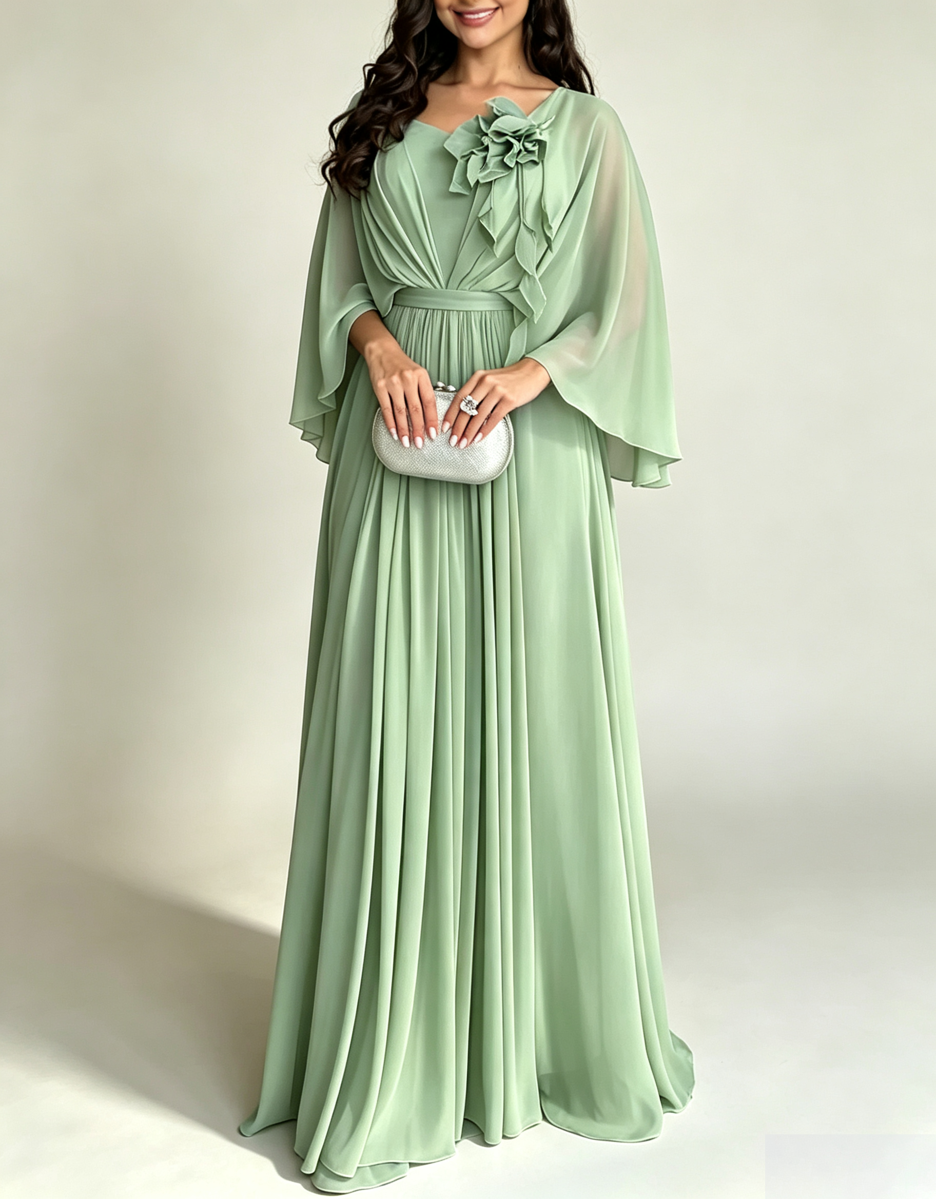Vestido maxi línea A de gasa con flores 3D, manga capa y escote en V