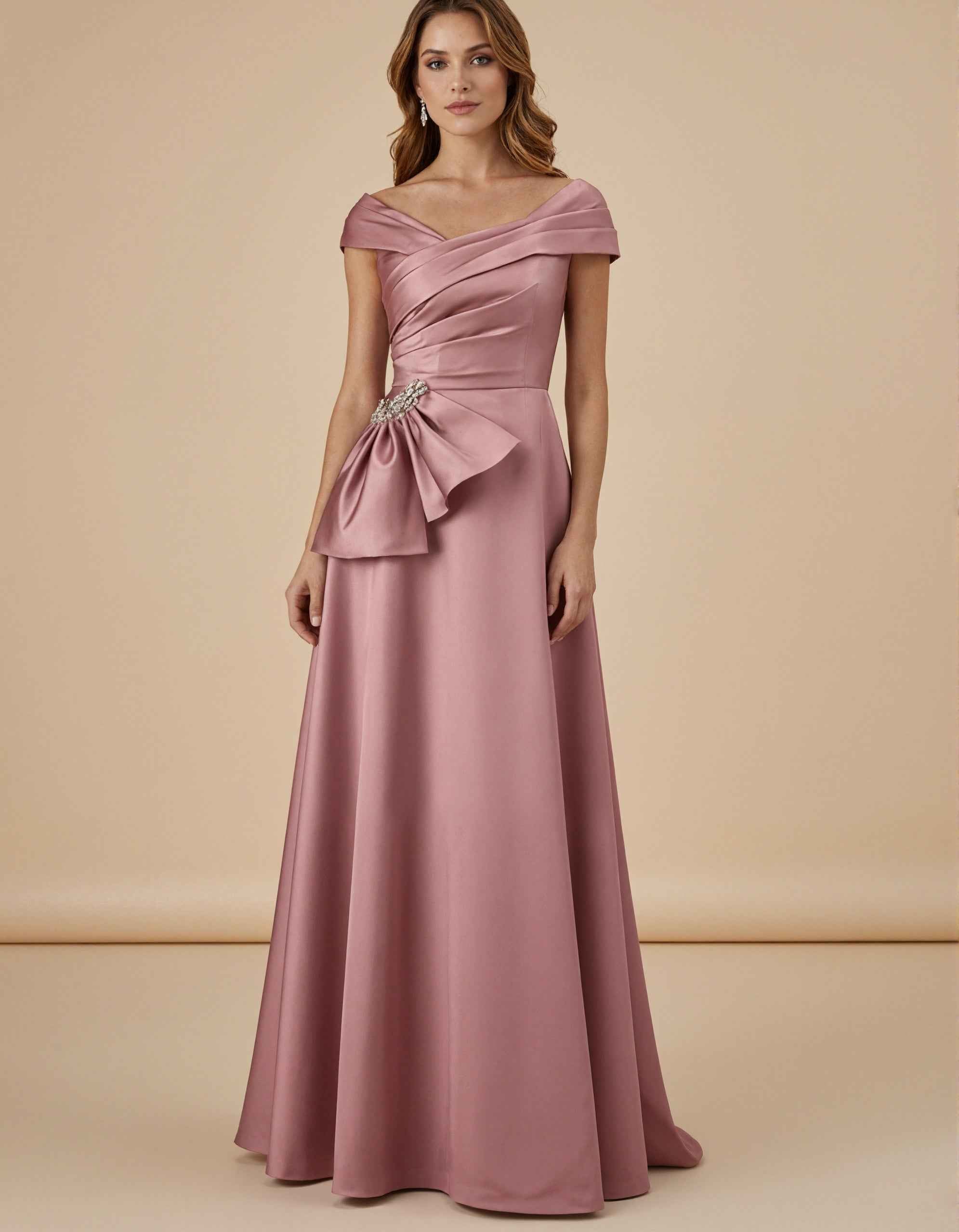 Pink Satin Off Shoulder Cross Pleats Maxi Dress