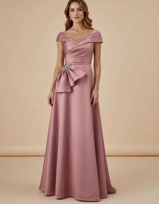 Pink Satin Off Shoulder Cross Pleats Maxi Dress