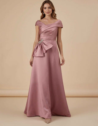 Pink Satin Off Shoulder Cross Pleats Maxi Dress