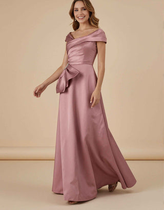 Pink Satin Off Shoulder Cross Pleats Maxi Dress
