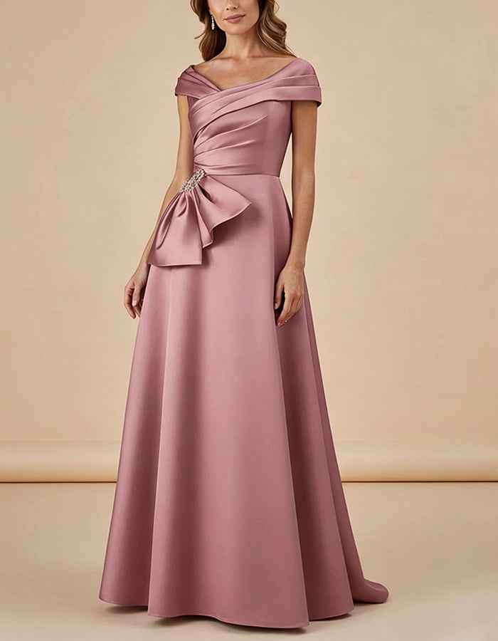 Pink Satin Off Shoulder Cross Pleats Maxi Dress