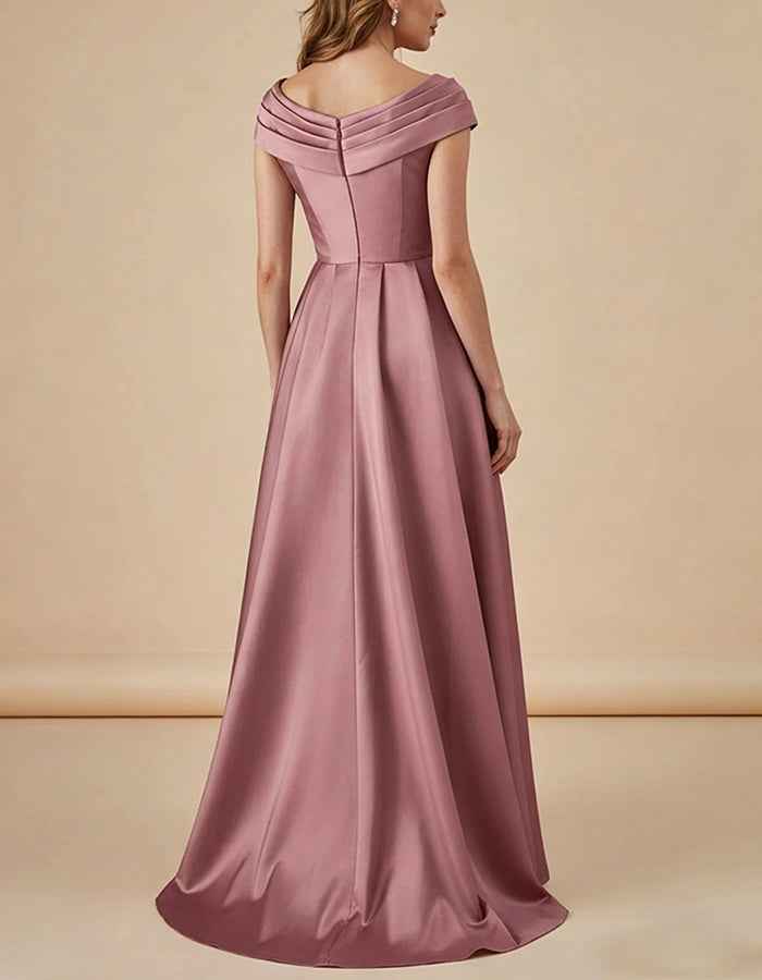 Pink Satin Off Shoulder Cross Pleats Maxi Dress