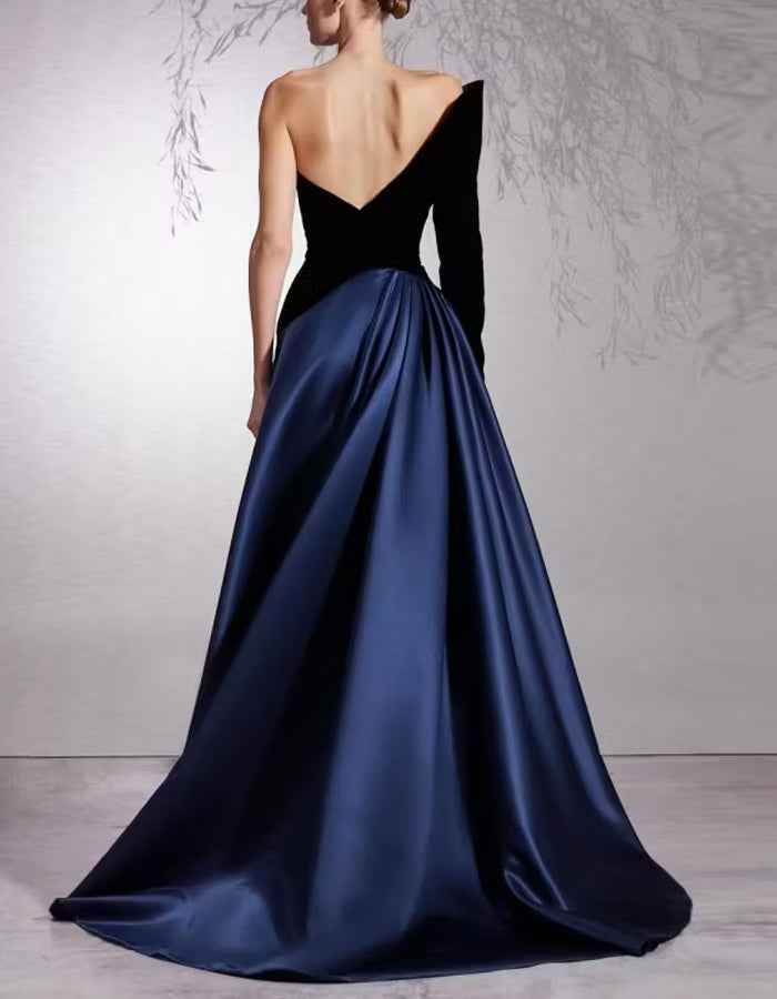 Black Velvet With Deep Navy Blue Satin Shoulder Strap Maxi Dress