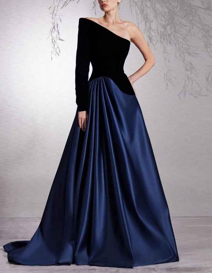 Black Velvet With Deep Navy Blue Satin Shoulder Strap Maxi Dress