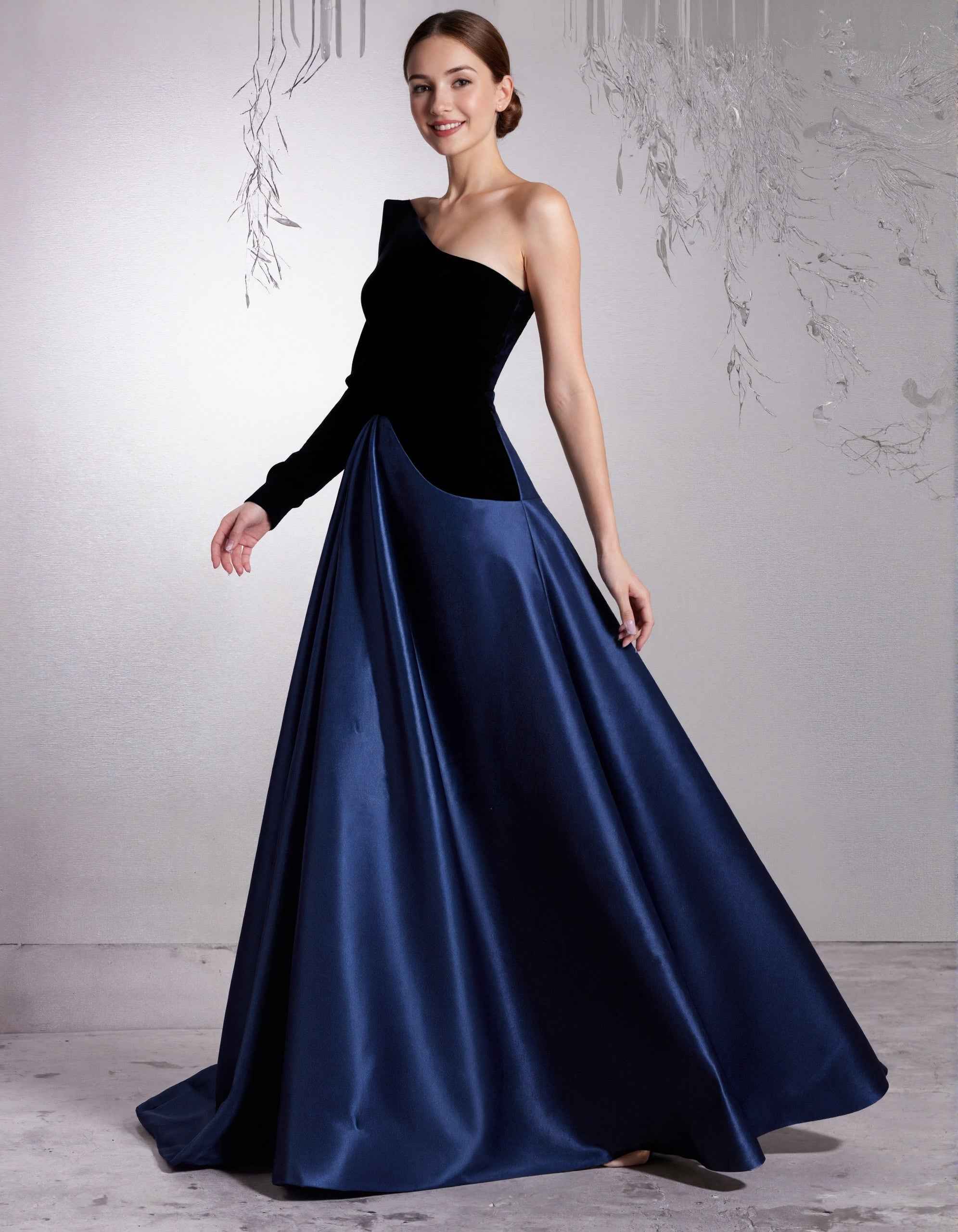 Black Velvet With Deep Navy Blue Satin Shoulder Strap Maxi Dress
