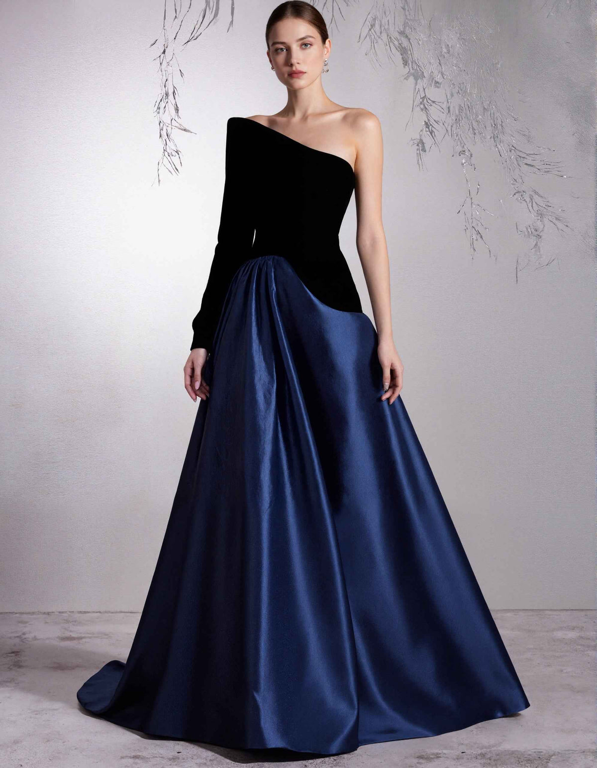 Black Velvet With Deep Navy Blue Satin Shoulder Strap Maxi Dress
