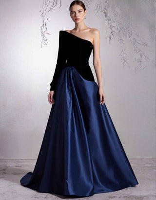 Black Velvet With Deep Navy Blue Satin Shoulder Strap Maxi Dress