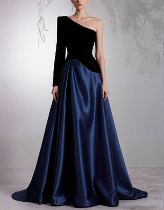Black Velvet With Deep Navy Blue Satin Shoulder Strap Maxi Dress