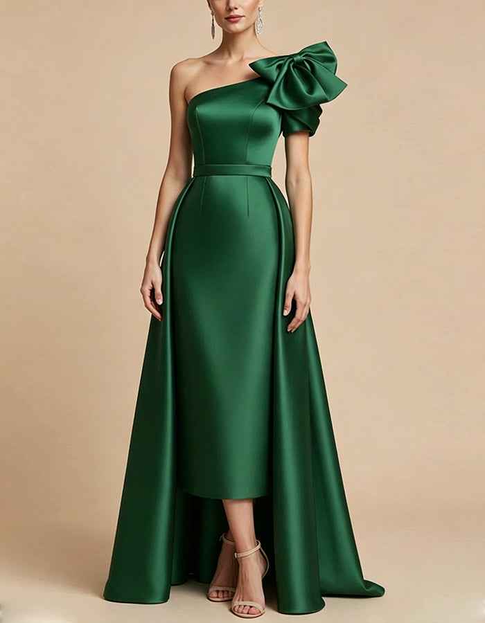 Green Satin One Shoulder Bow Belt Cinched Waist Maxi Dress