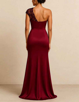 Deep Burgundy Satin One Shoulder Floral Lace Maxi Dress