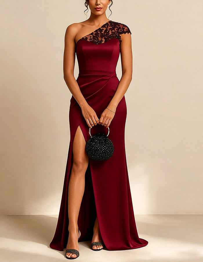 Deep Burgundy Satin One Shoulder Floral Lace Maxi Dress